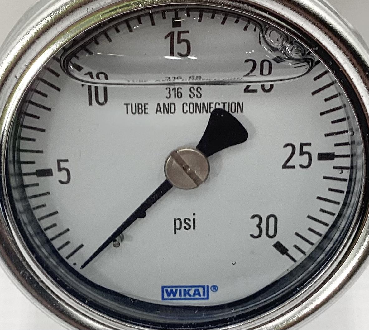 Gauge, Pressure, Liquid Filled, 1/4"x2-1/4", 0-30#