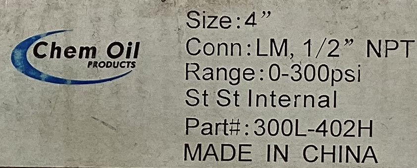 Gauge, Pressure, Liquid Filled, 1/2"x4", 0-300#