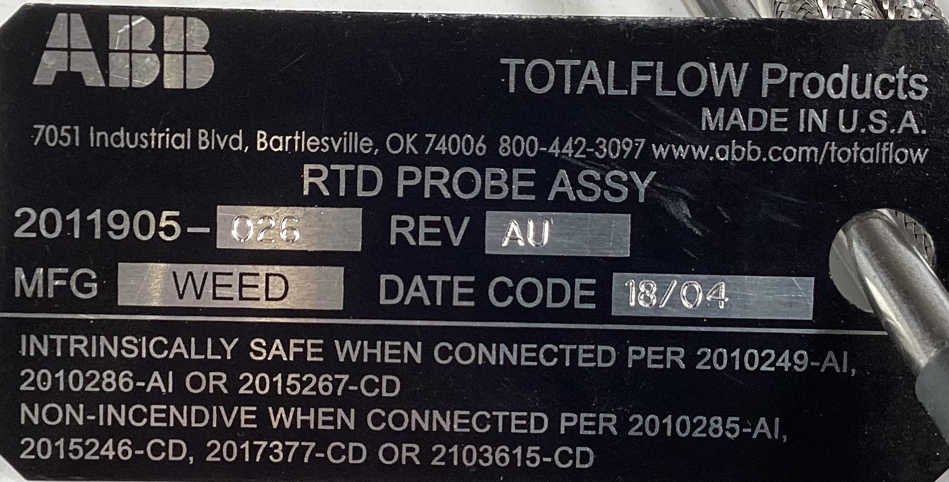 Probe Assembly, RTD, 1/2"x10', ABB Total Flow Products