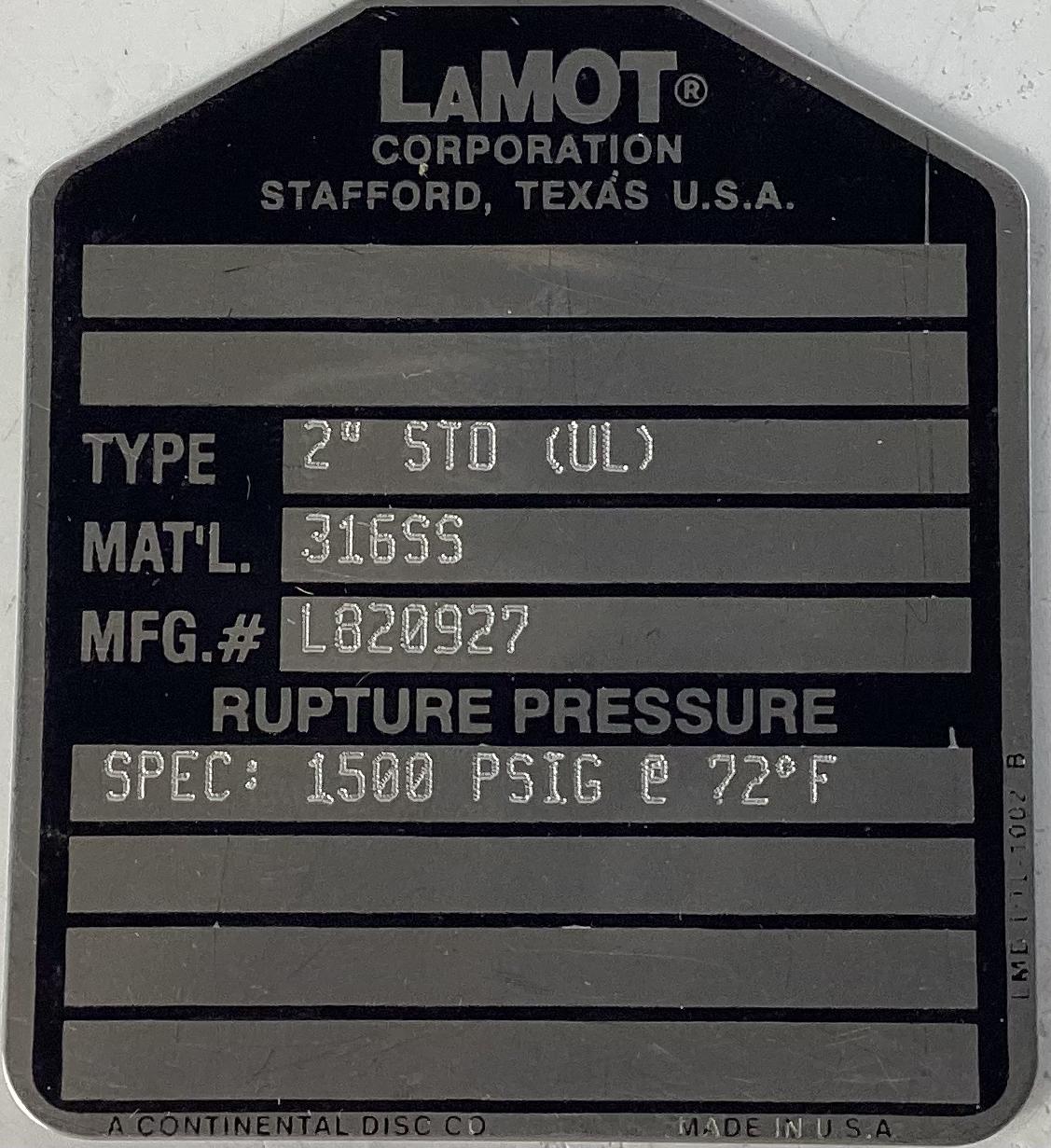 Rupture Disc, 2" 1500 PSIG with Cert Tag