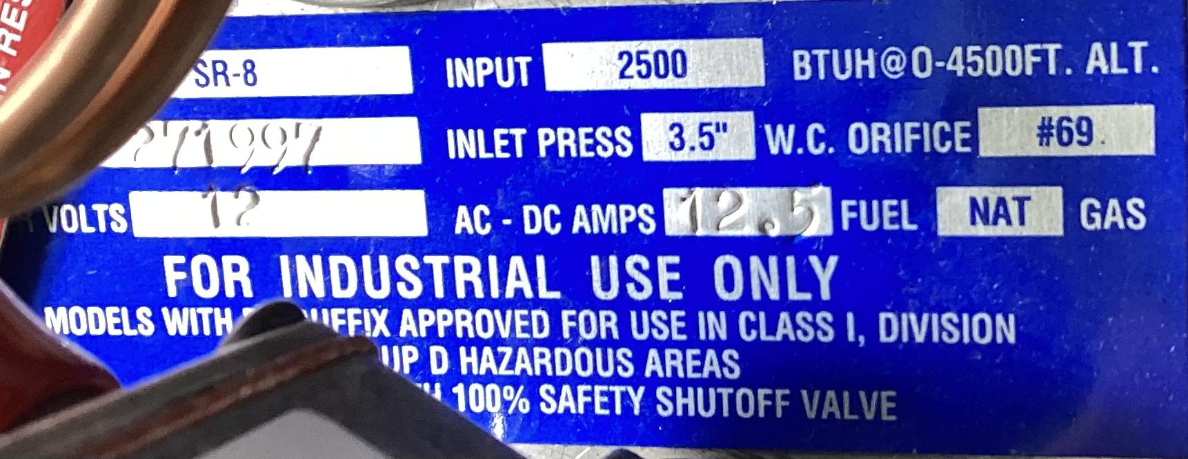 Heater, Catalytic, Natural Gas, 12V, 12.5 Amp, SR-8