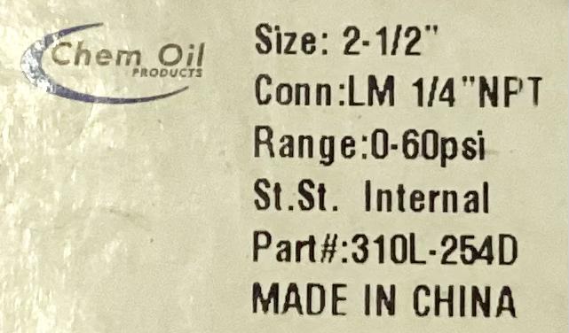 Gauge, Pressure, Liquid Filled, 1/4"x2-1/2", 0-60#