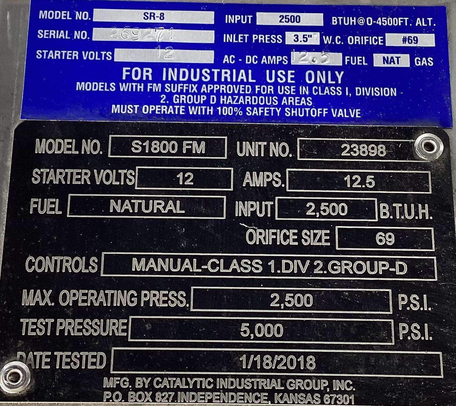 Heater, Catalytic, Natural Gas, 12V, 12.5 Amp, SR-8