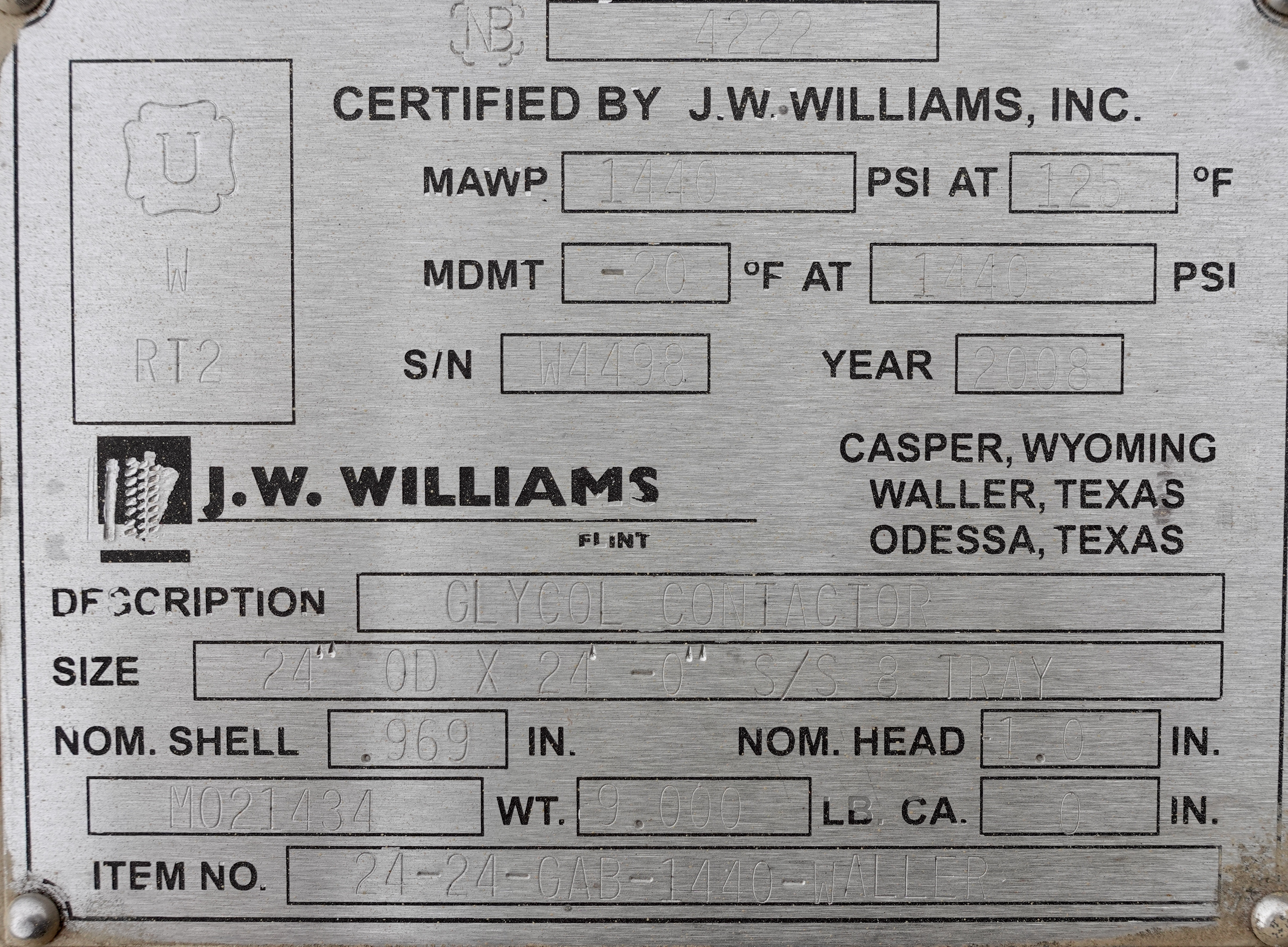 Used Tower, Glycol, Structured Packing, 24"x24', 1440#