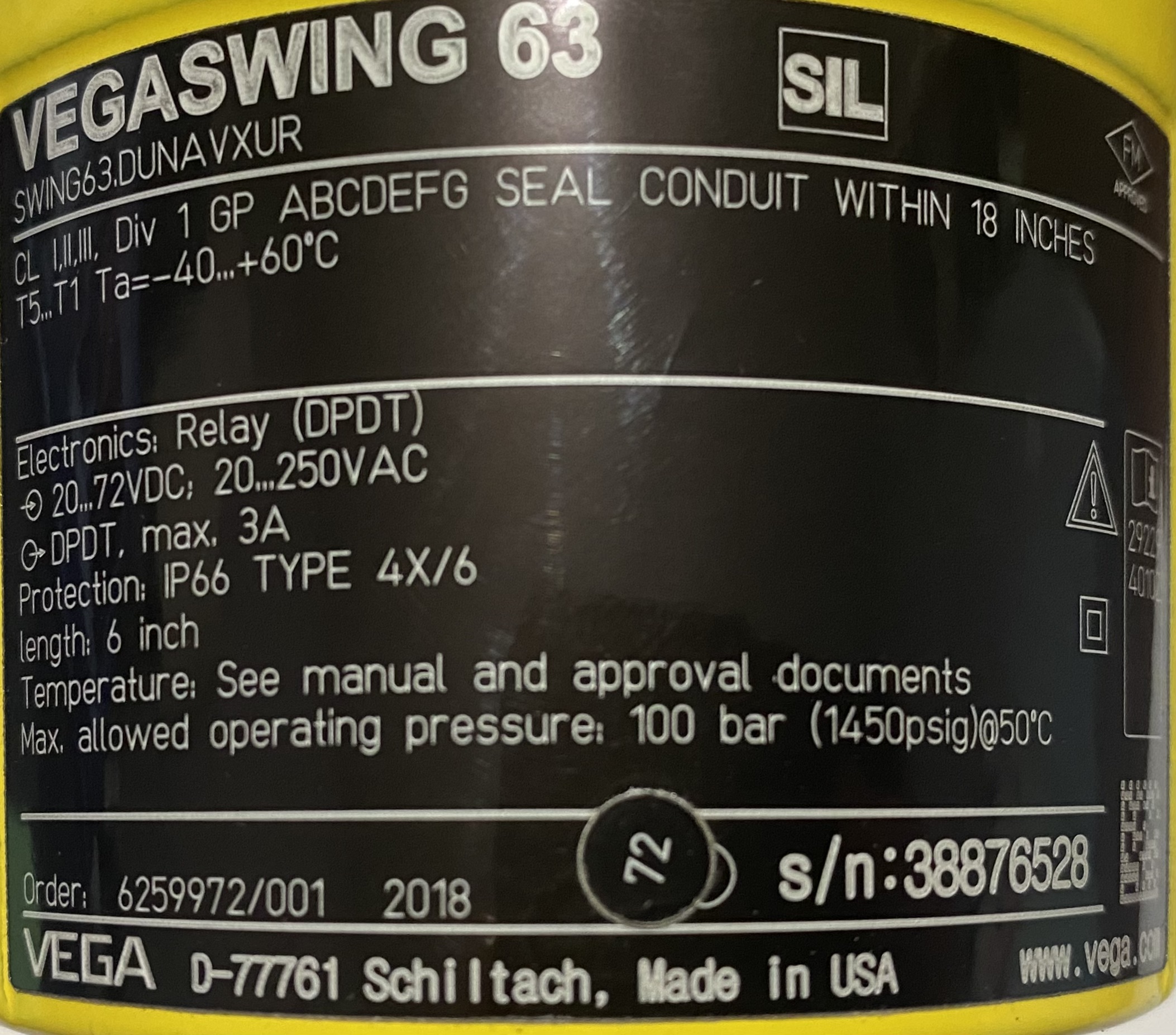 Level Switch, Vibrating, Vegaswing 63, 1 inch NPT, 6 inch length