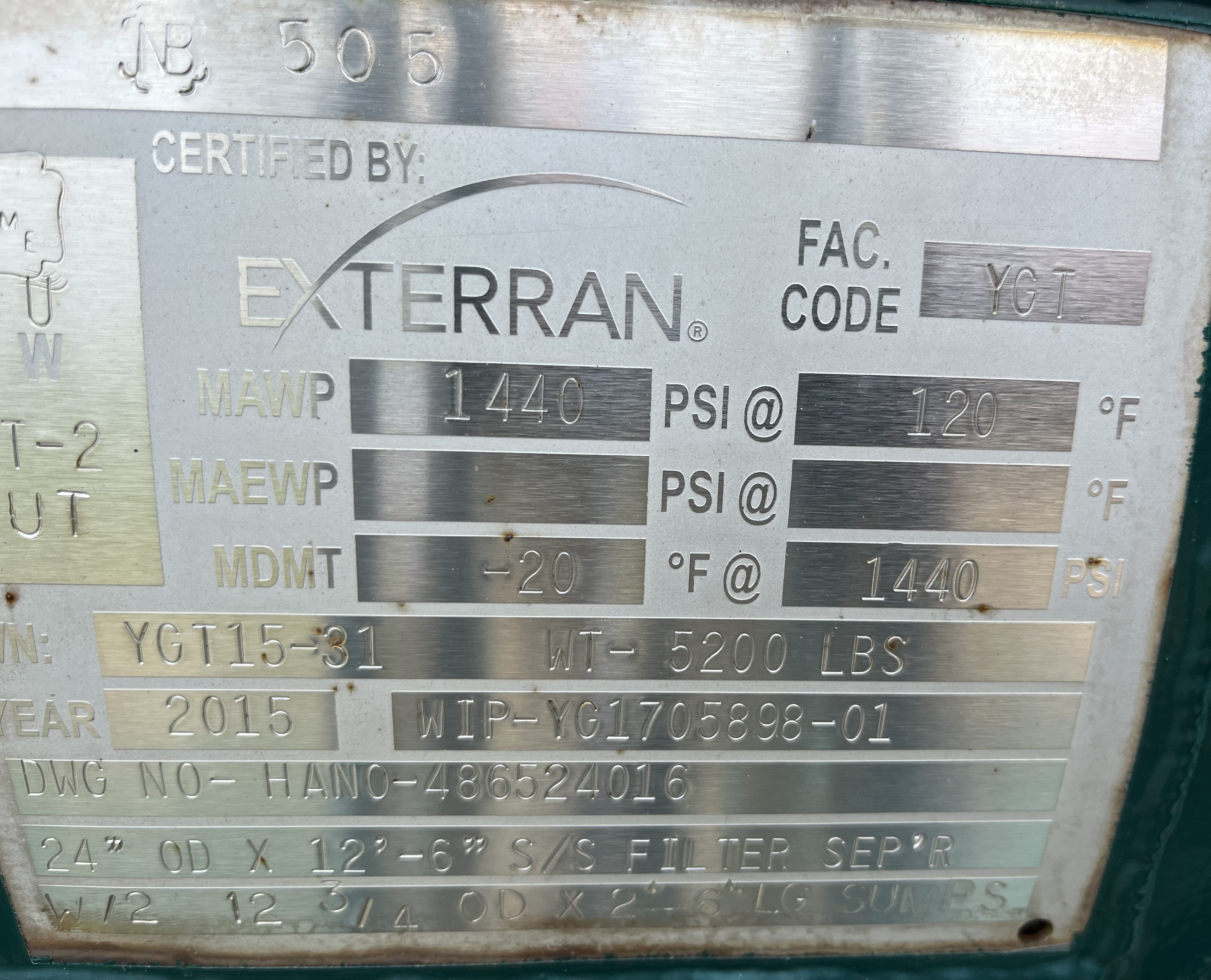 Used Filter Separator, Horizontal, 24"x12'6", 1440#