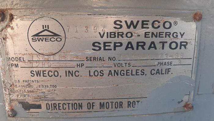 Used Scren, Sweco, 48", S/st, Single Deck, 2.5 HP #S744349