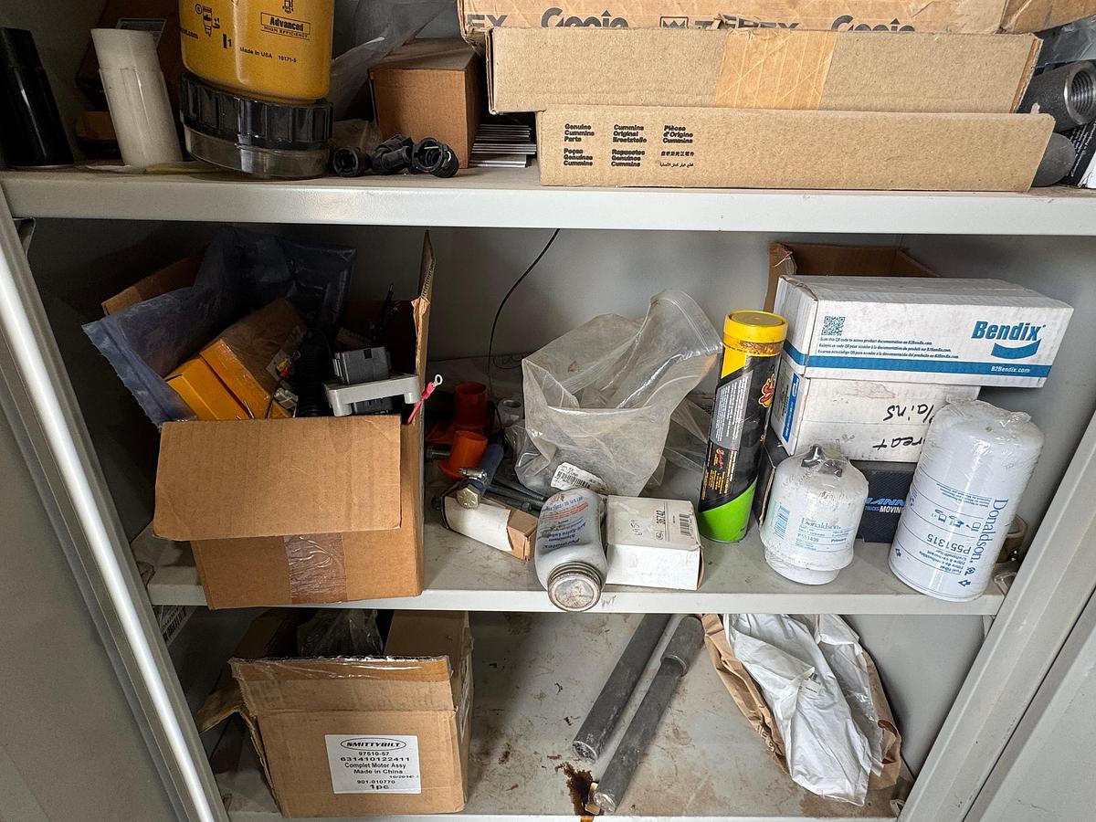 Used Parts Cabinet with CAT - Donaldson Filters, New ECM, Duetz Fuel Injection Pump (NEW)