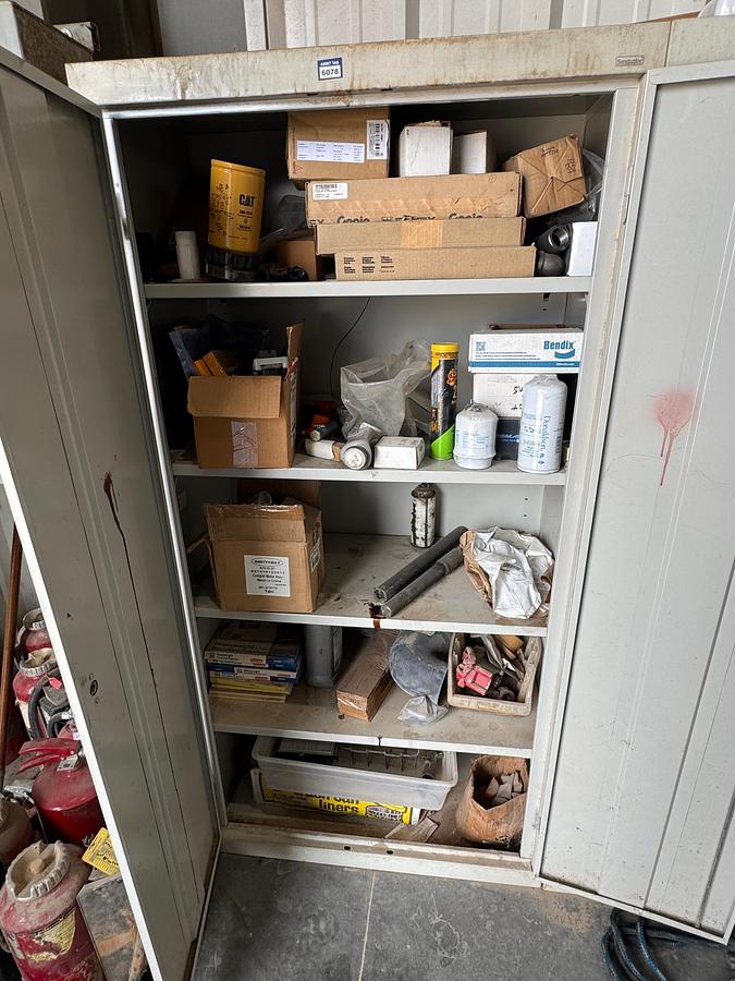 Used Parts Cabinet with CAT - Donaldson Filters, New ECM, Duetz Fuel Injection Pump (NEW)