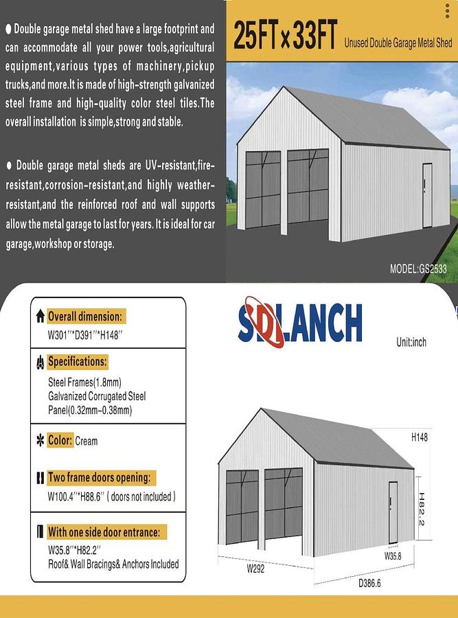 Used 25'x33' Double Garage Metal Shed (UNUSED)