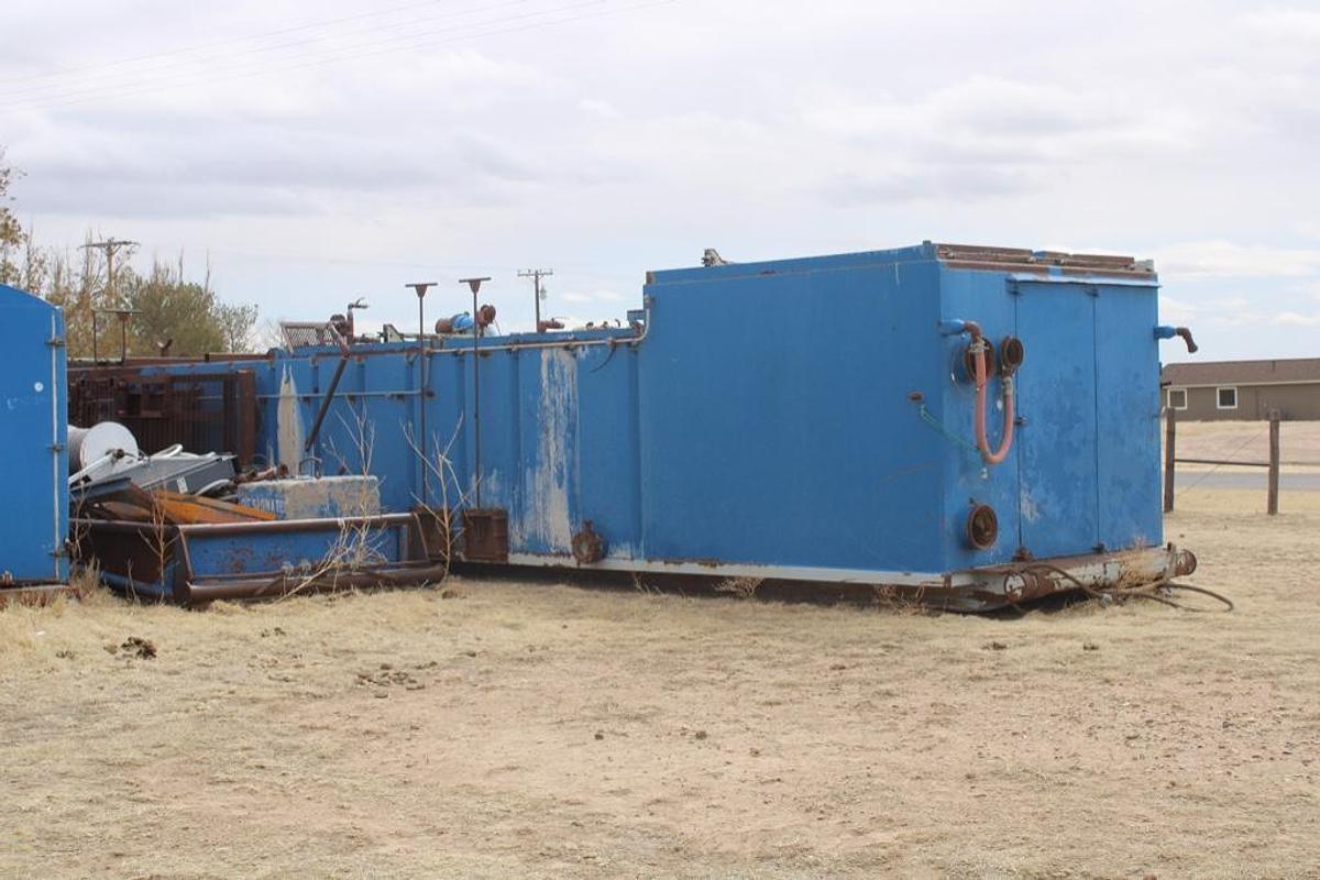 Used 7'H x 50'L 300-Bbl Mud Shaker Tank with (2) Mission 6x5 Centrifugal Pumps p/b 60HP Electric Motors,