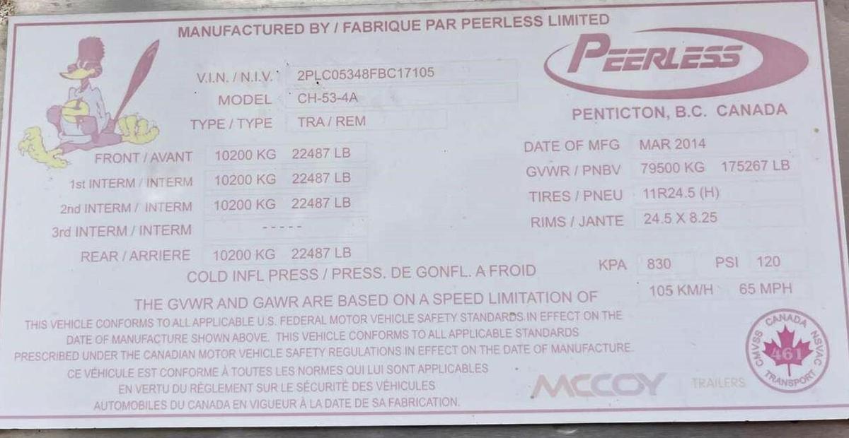 Used 2015 PEERLESS CH-53-3A 4-Axle Coil Tubing Reel Trailer