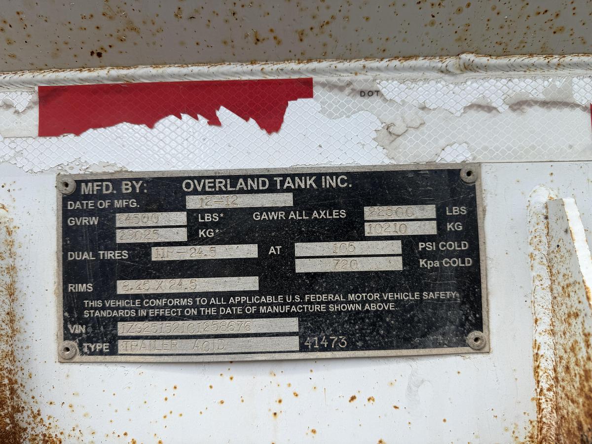 Used 2012 Overland Tank 10,000GAL 3-Compartment Acid Transport Trailer