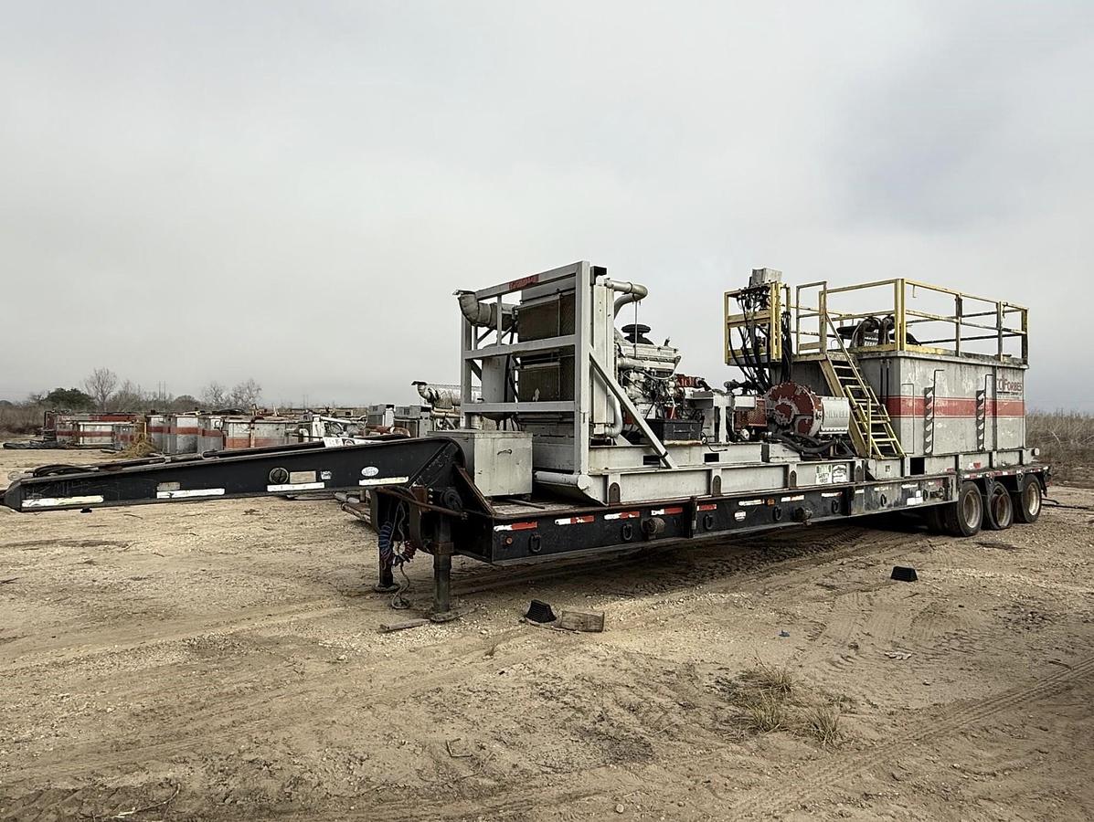 Used Oilwell SA634-5 10K WP Triplex Cement Pump Unit P/B Detroit Series 60 Skidded MTD on 2007 Lufkin Narrow Neck Lowboy