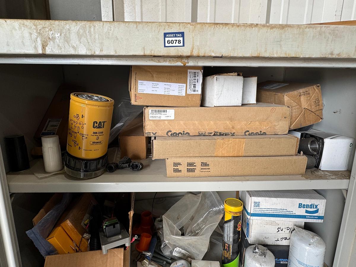 Used Parts Cabinet with CAT - Donaldson Filters, New ECM, Duetz Fuel Injection Pump (NEW)