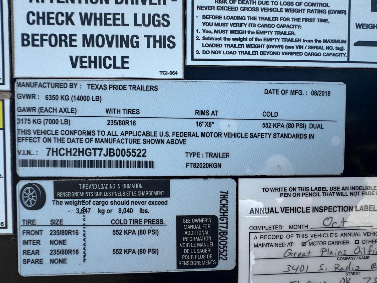 Used 2018 Texas Pride 20 Gooseneck Flatbed Trailer 14,000 lb GVWR