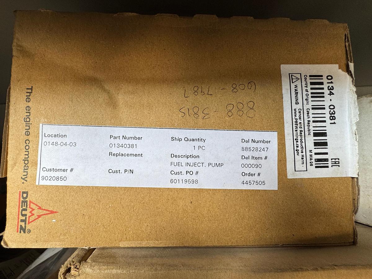 Used Parts Cabinet with CAT - Donaldson Filters, New ECM, Duetz Fuel Injection Pump (NEW)