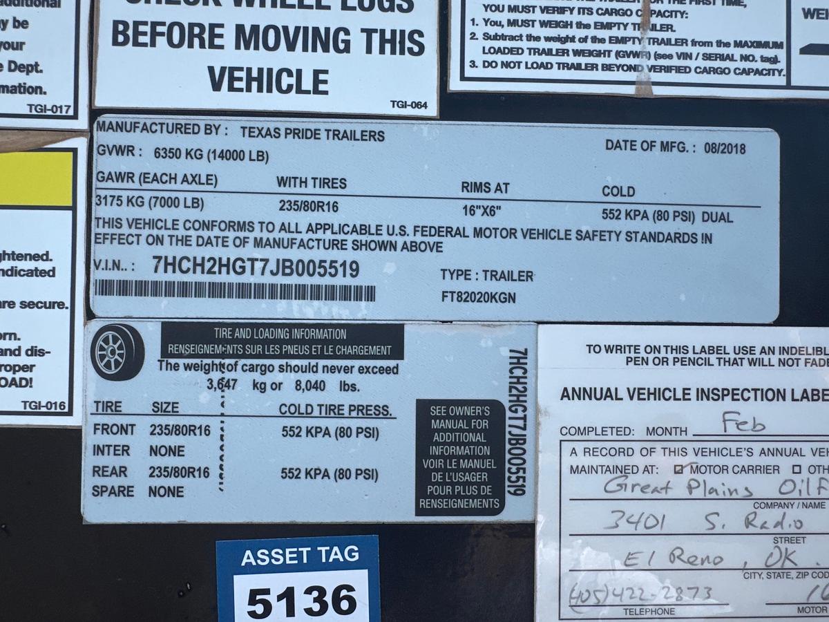 Used 2018 Texas Pride 20 Gooseneck Flatbed Trailer 14,000 lb GVWR