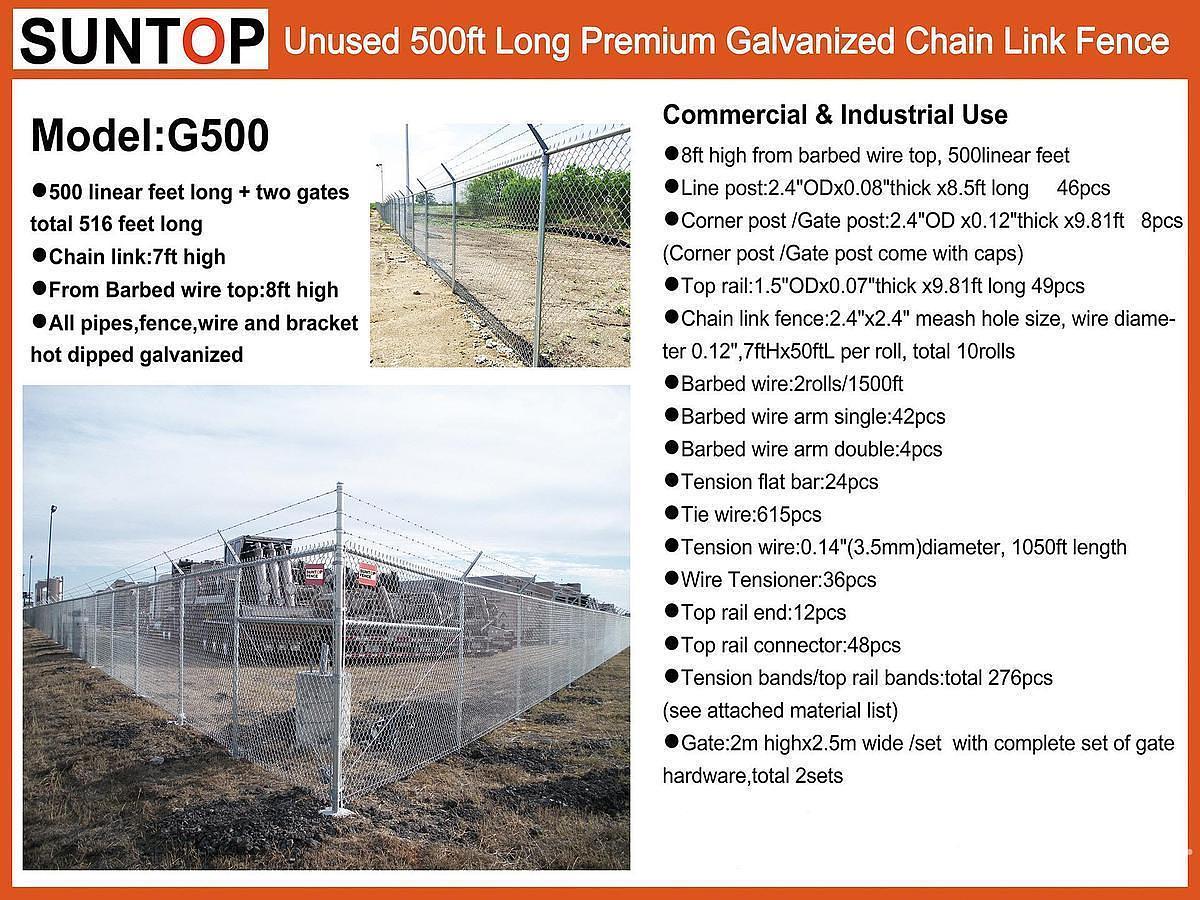 Used 2026 SUNTOP G500 500 ft x 7 ft Galvanized Chain Link Site Fence (Unused)