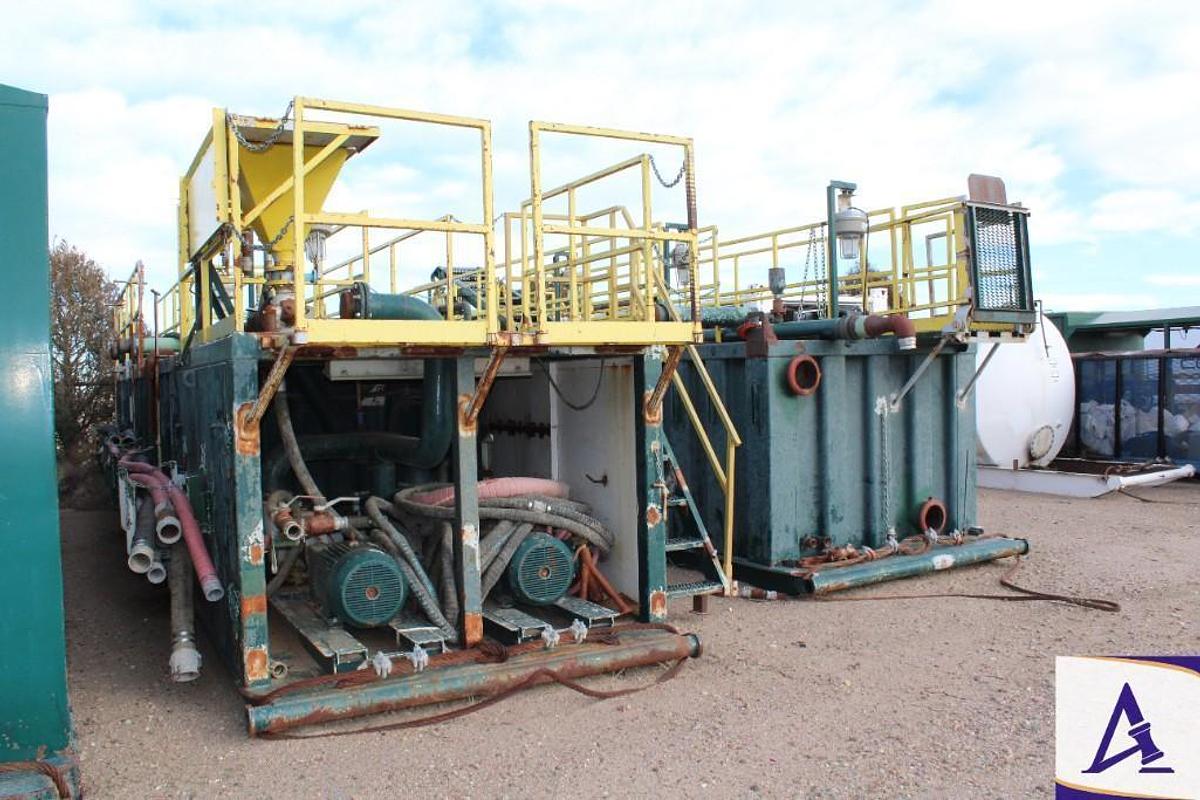 Used 2-Tank 450-BBL Mud System, Shaker Tank with (2) 6x8 Centrifugal Pumps, Mud Hopper, Agitators, Linear