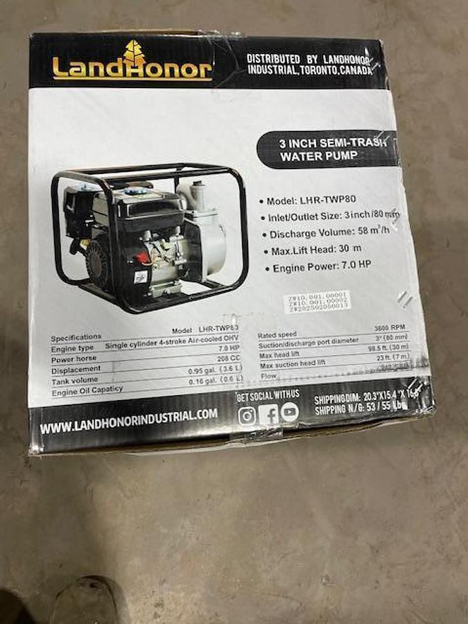 Used Landhonor LDH-TWP80 3” Gas Powered Water Pump (UNUSED)