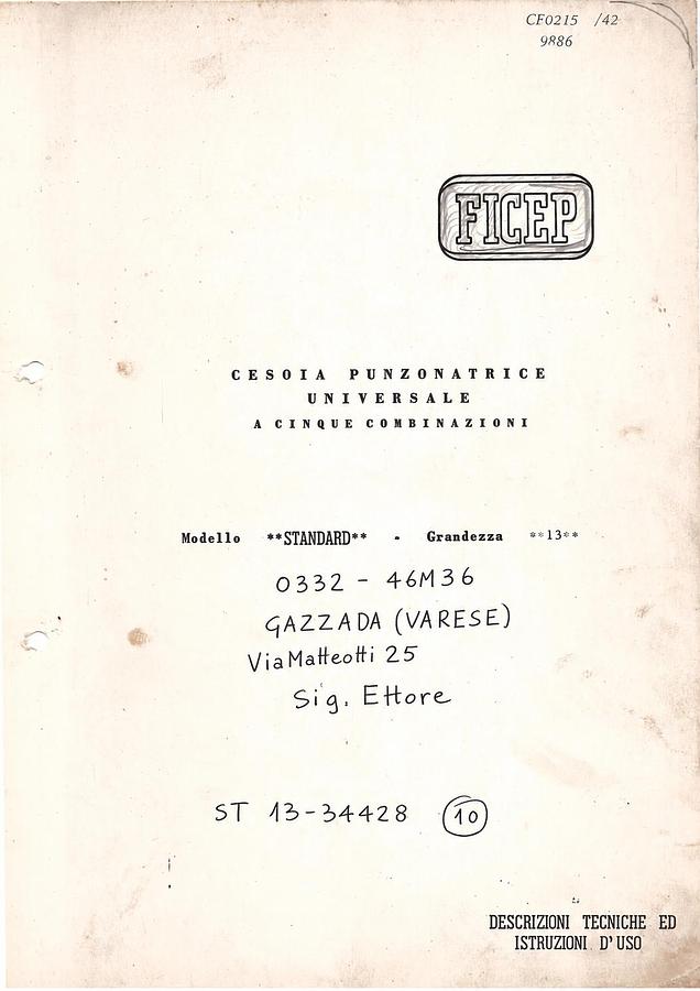 Usato LIBRO CESOIA PUNZONATRICE FICEP STANDARD GR13