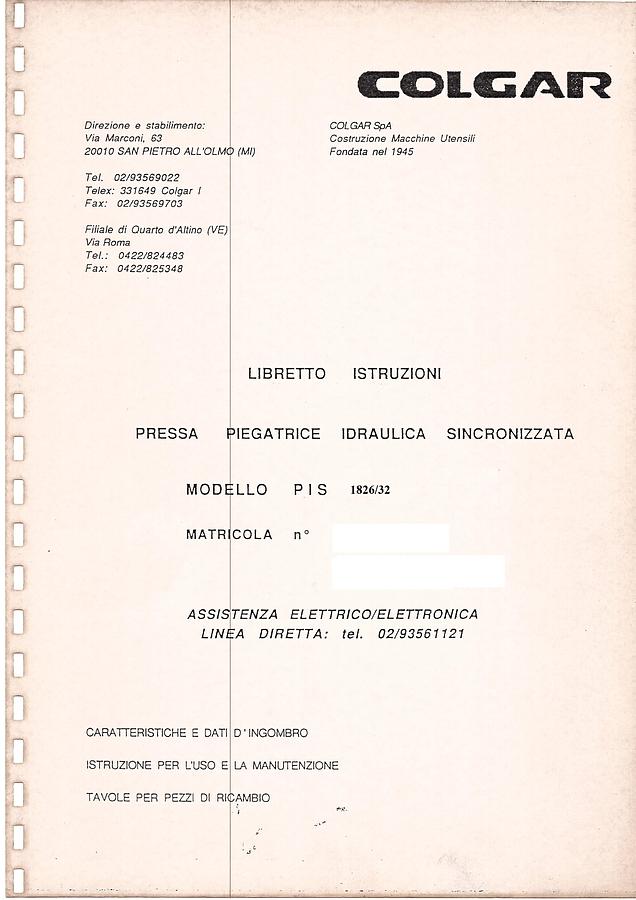 Usato LIBRO PRESSA PIEGATRICE COLGAR PIS