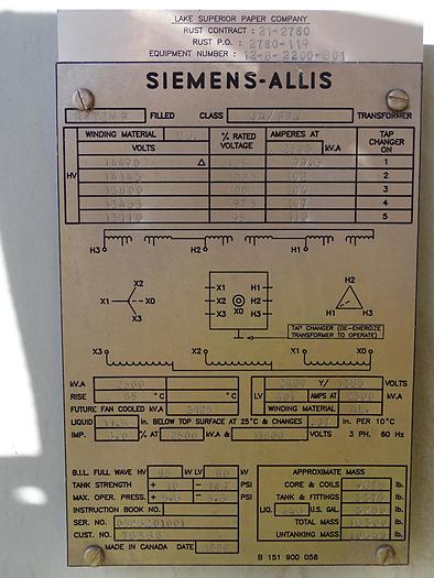 Used 1,500 KVA 13,000V SIEMENS-ALLIS SUBSTATION 480Y/277 VOLTS CU WINDING