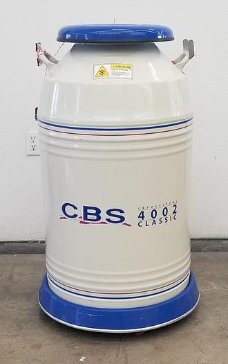 Used Custom Biogenics Systems CB402L Series 4002 Classic Cryo Dewar w/ 4 Racks & Roller Base