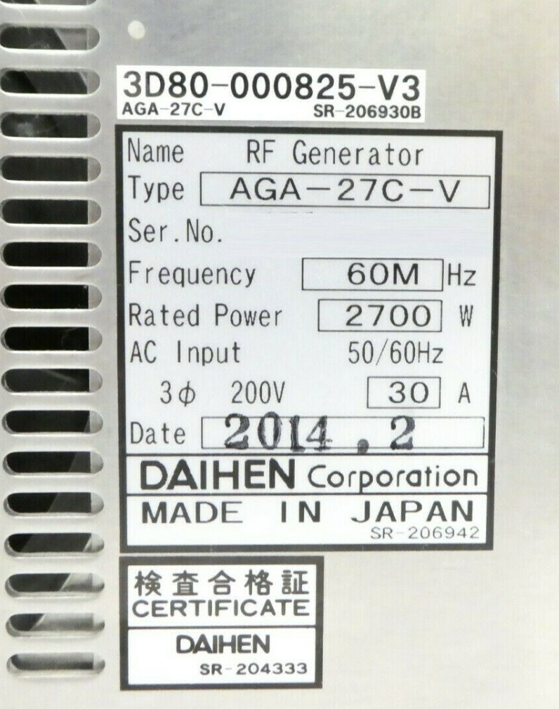 Used Daihen AGA-27C-V RF Generator TEL Tokyo Electron 3D80-000825-V3 Working Spare