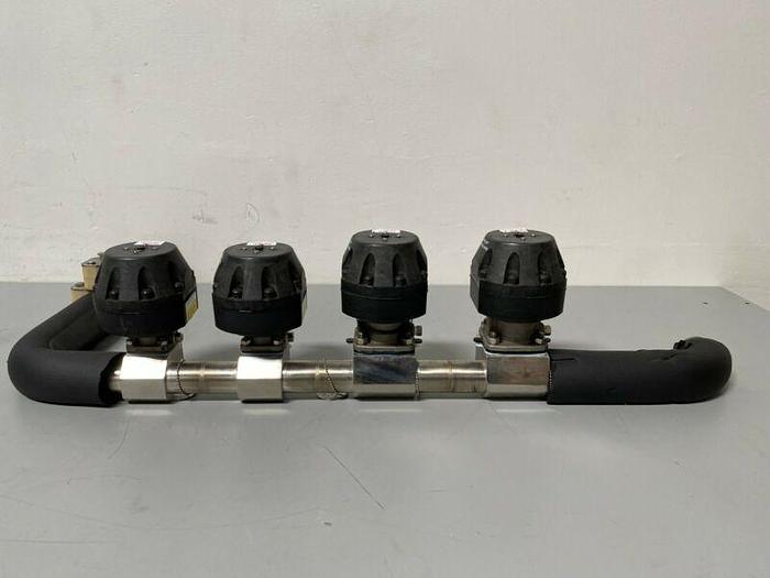 Used 2 ITT 1" & 2 ITT 1/2" 60 PSI Valves on Manifold w/ 1/2" & 1" Sanitary Fittings