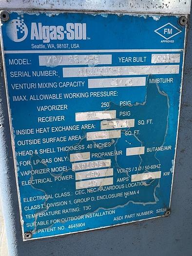 Used Tank, 200 Gallon, Propane and Air Mixer, Algas SDI, Model XPV 28-5 C744903