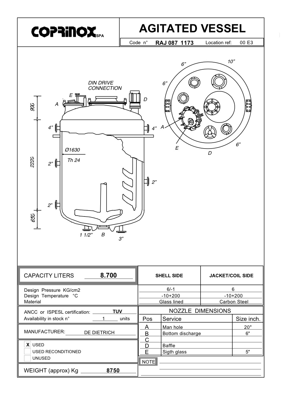 Used 8700 Liters DE DIETRICH reactor for Sale in Guardamiglio, Italy
