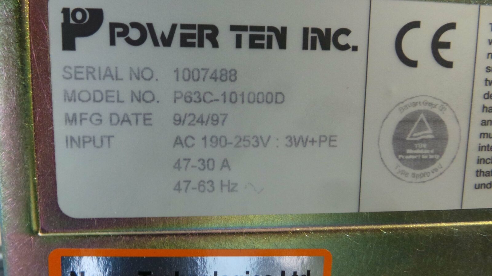 Used Power Ten Inc P63C-101000-D Power Supply, P63C-101000D / AC 190~253 V / 3W+PE / 47~30 Amps / 47~63Hz / Power Ten Inc