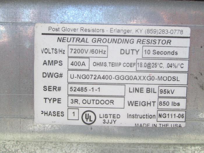 Used Post Glover 400AMP Neutral Grounding Resistor