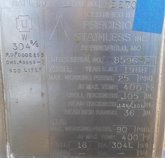 Used Reactor, 158.50 Gallon, 304L S/st, 36" X 36", 90 PSI, #L743755