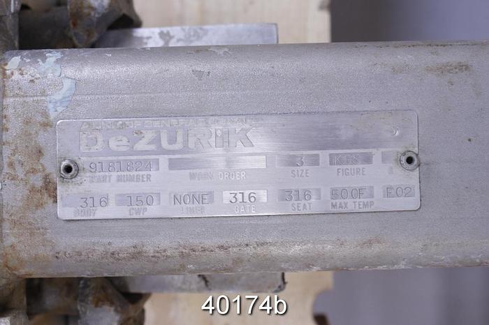 Used Dezurik 3" Hand Operated Knife Gate Valve, Stainless Steel #40174