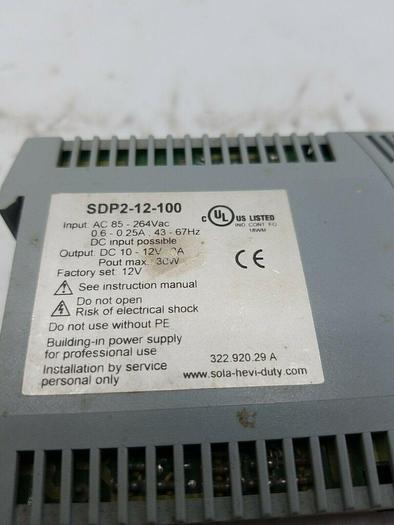 Used Sola SDP 2-12-100T DIN Rail Power Supply 115/230VAC Input, 12VDC 2.5A Output