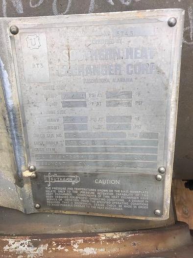 Used Used Southern Heat Exchanger Corp.  Approximately 2633 sq ft. 316L stainless steel shell and tube heat exchanger