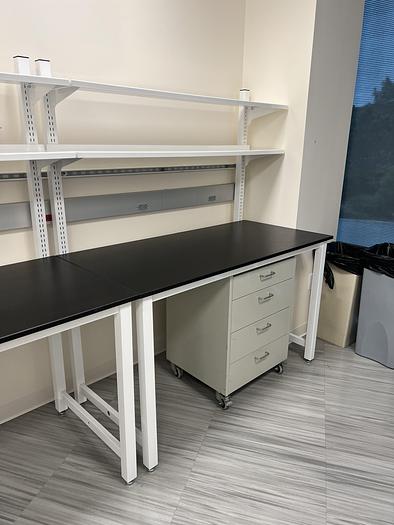 Recycled Labs Metal Frame table with 3/4 " phenolic top,  adjustable 2 tier laminate shelving