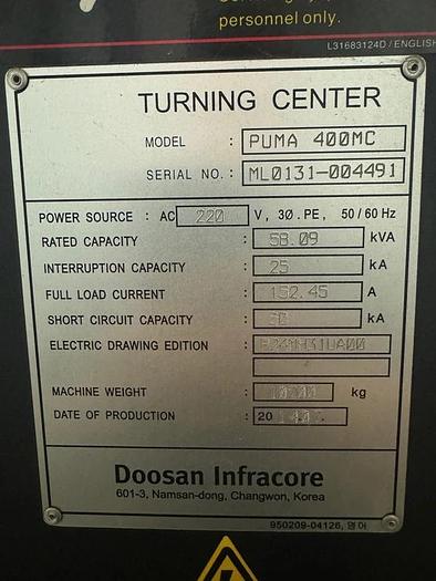 Used 2014 DOOSAN PUMA 400MC CNC Turning Center with Live Tooling and Tailstock