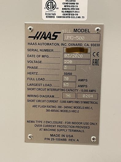 Used 2020 HAAS UMC 500 5-Axis Vertical Machining Center ***Only 700 Cutting Hours***