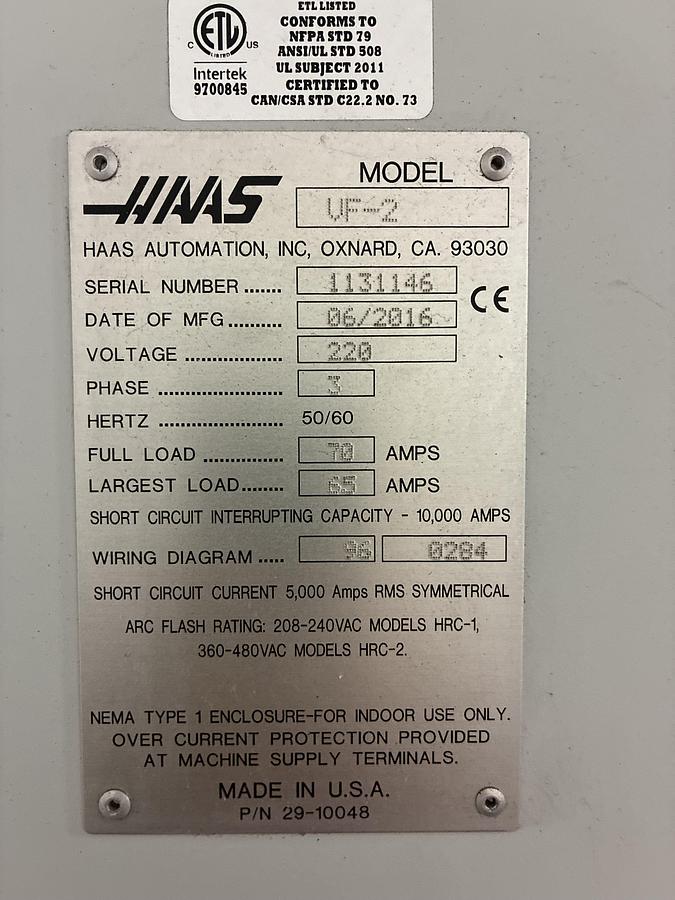 Used 2016 HAAS VF-2 CNC Vertical Machining Center ***Low Hours***