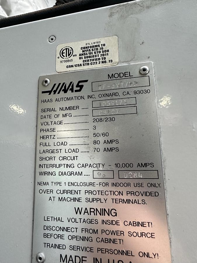 Used 2007 HAAS VF-3YT/50 4-Axis CNC Vertical Machining Center TSC / PCOOL / WIPS