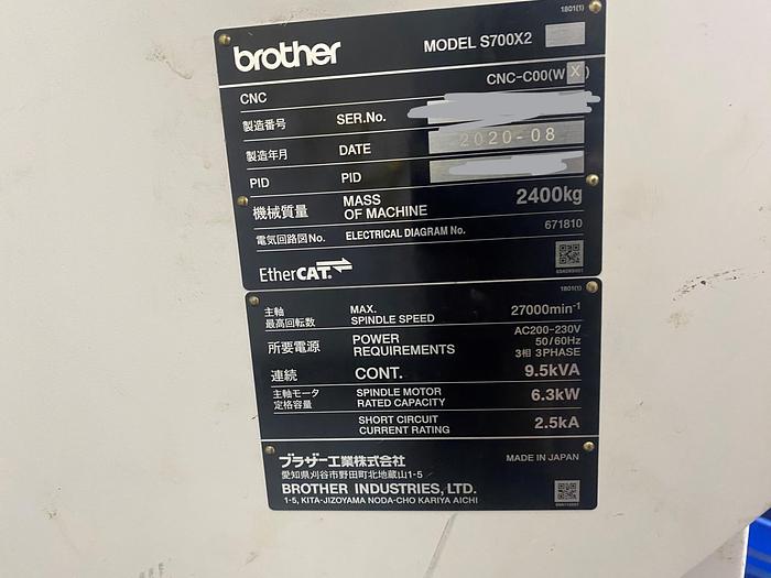 Used 2020 Brother Speedio S700X2 Vertical Machining Center 27,000RPM