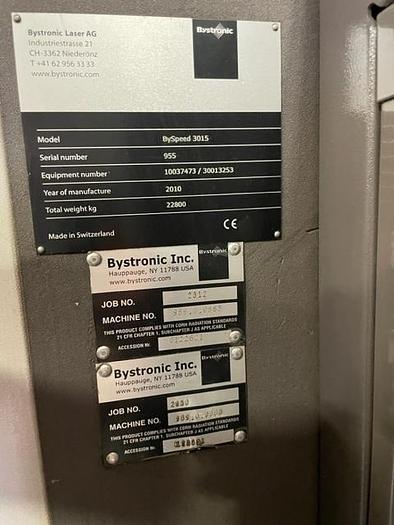 Used 2010 Bystronic BYSPEED 3015 6KW CO2 LASER WITH 2011 BYTRANS 3015 EXTENDED LOAD