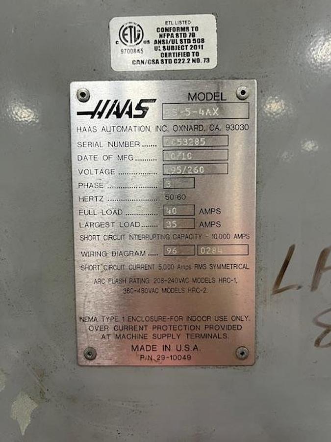 Used 2010 HAAS ES-5 4-Axis CNC Horizontal Machining Center