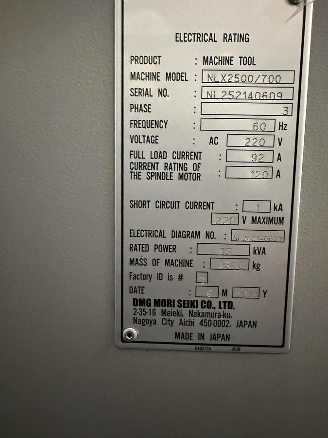 Used 2014 DMG MORI NLX 2500/700 CNC Turning Center