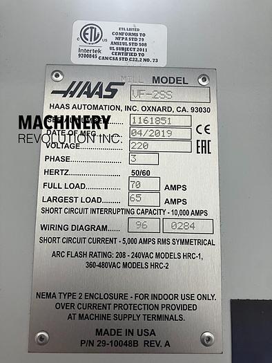 Used 2019 HAAS VF-2SS CNC Vertical Machining Center ***Low Hours***