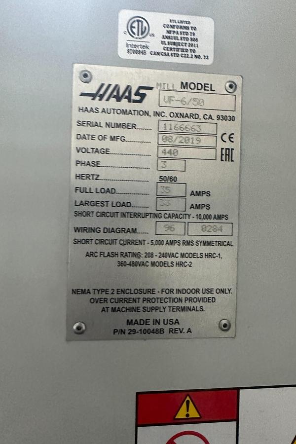 Used 2019 HAAS VF-6 Cat-50 4-Axis CNC Vertical Machining Center ***Only 2,327 Cutting Hours***
